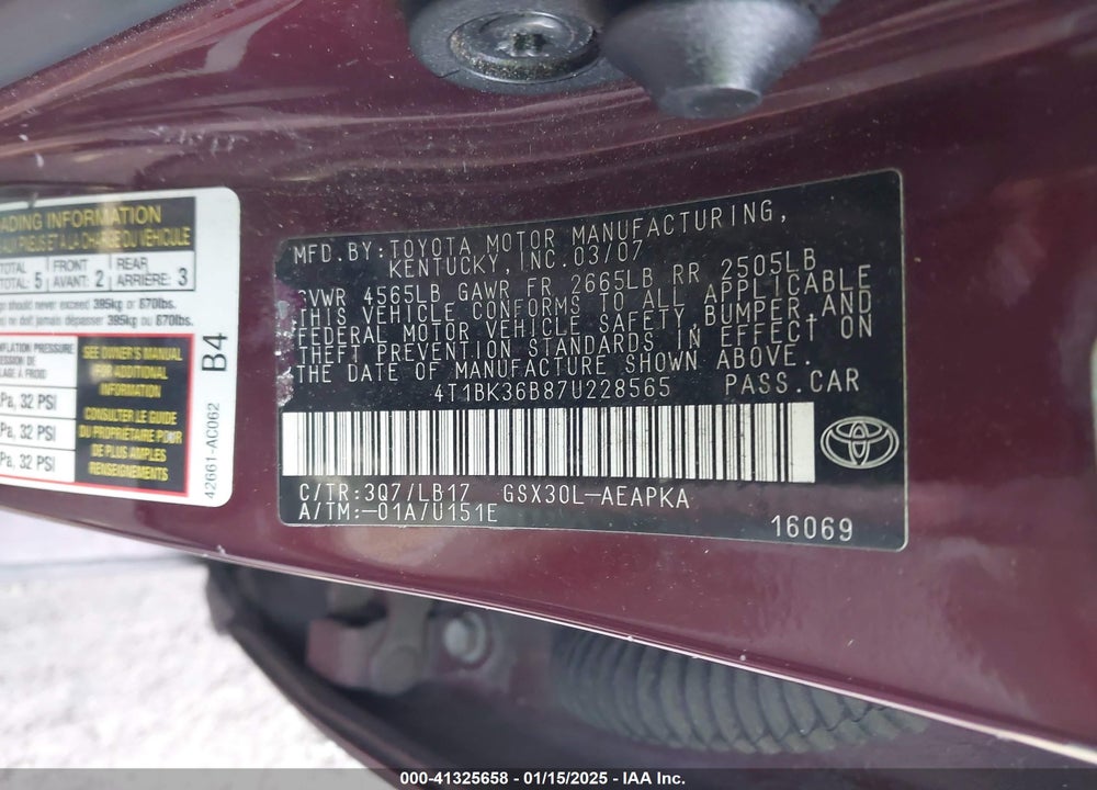 2007 TOYOTA AVALON LIMITED VIN: 4T1BK36B87U228565