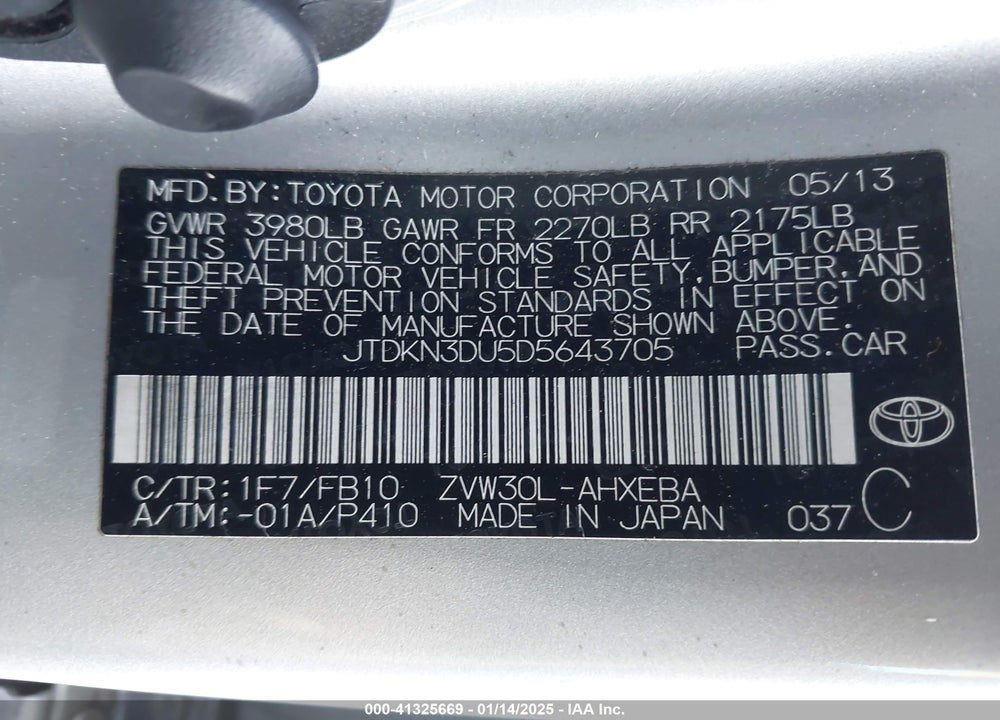 2013 TOYOTA PRIUS VIN: JTDKN3DU5D5643705