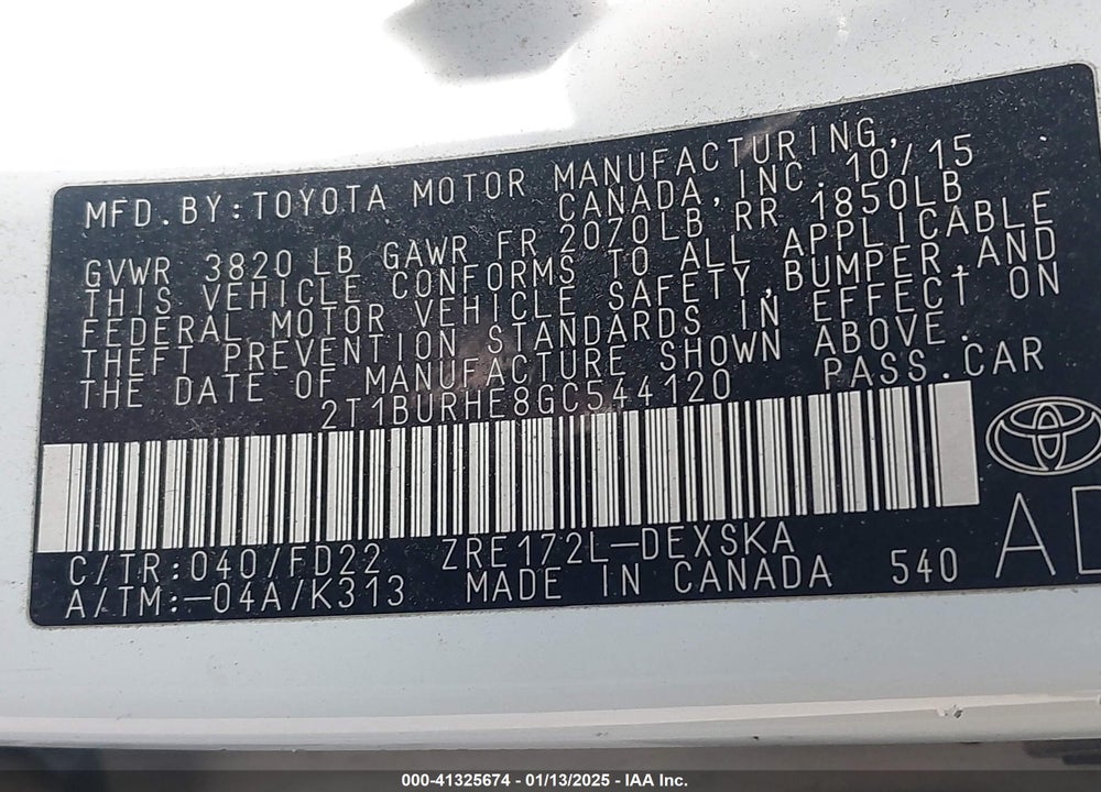 2016 TOYOTA COROLLA S PLUS VIN: 2T1BURHE8GC544120
