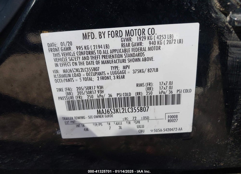 2020 FORD ECOSPORT TITANIUM VIN: MAJ6S3KL2LC355807