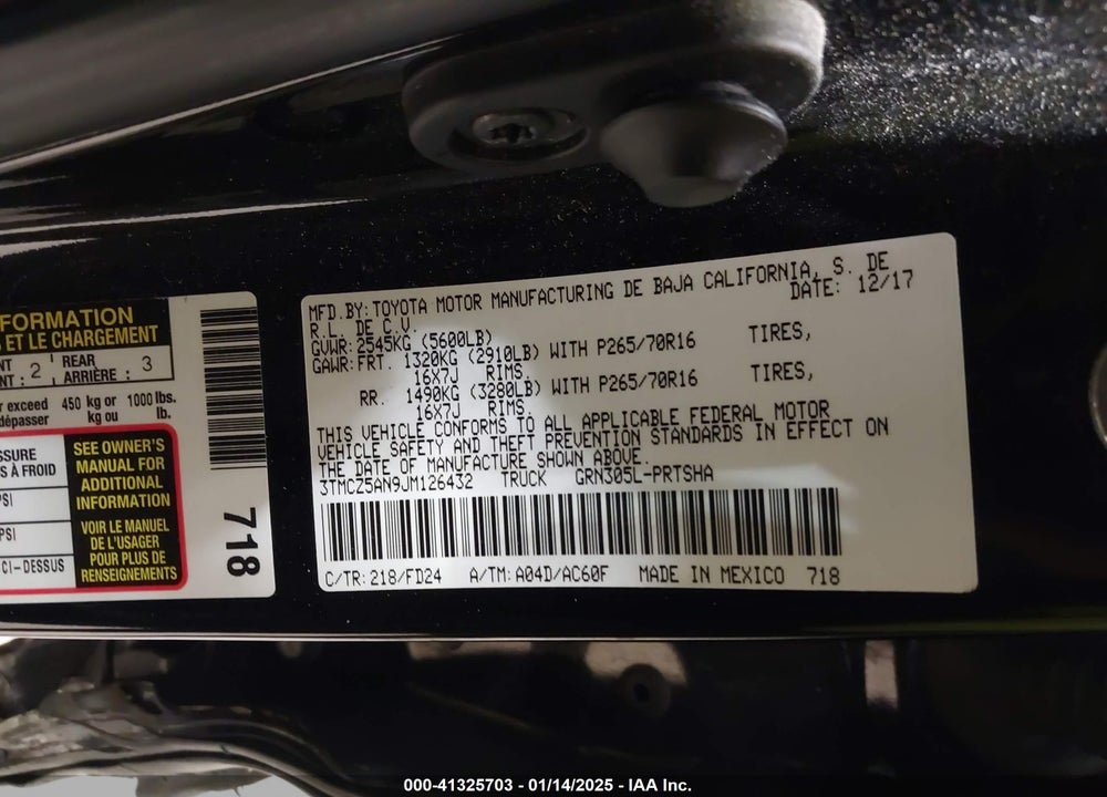 2018 TOYOTA TACOMA TRD OFF ROAD VIN: 3TMCZ5AN9JM126432