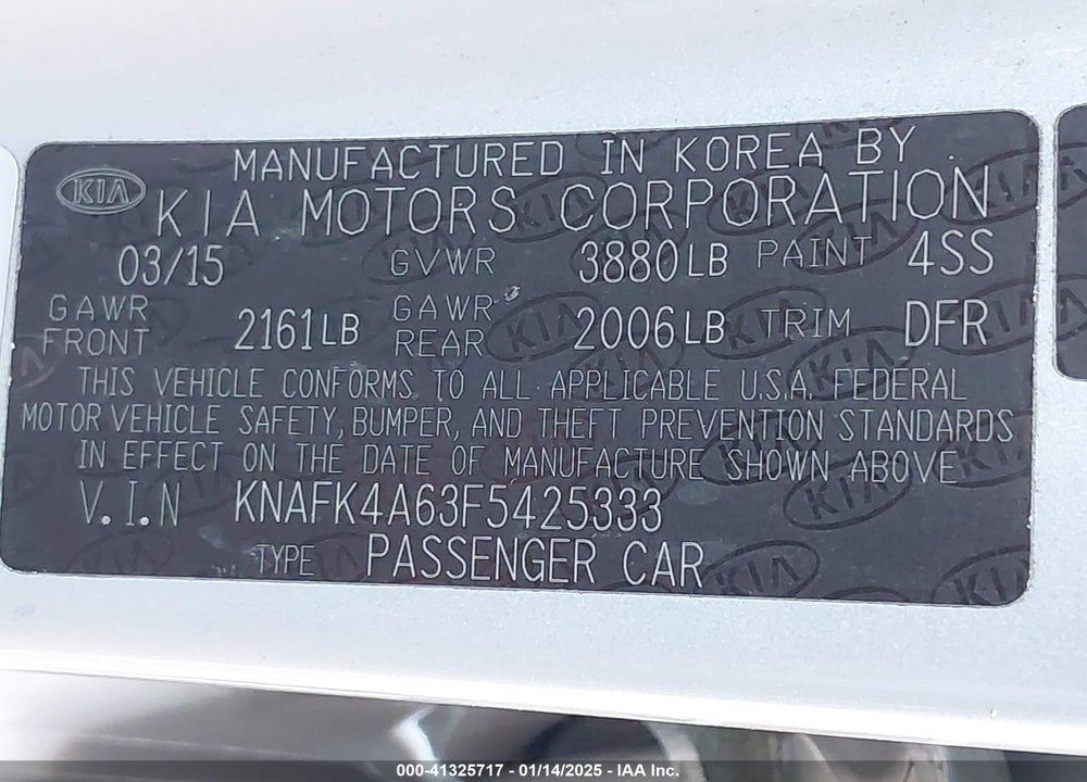 2015 KIA FORTE VIN: KNAFK4A63F5425333