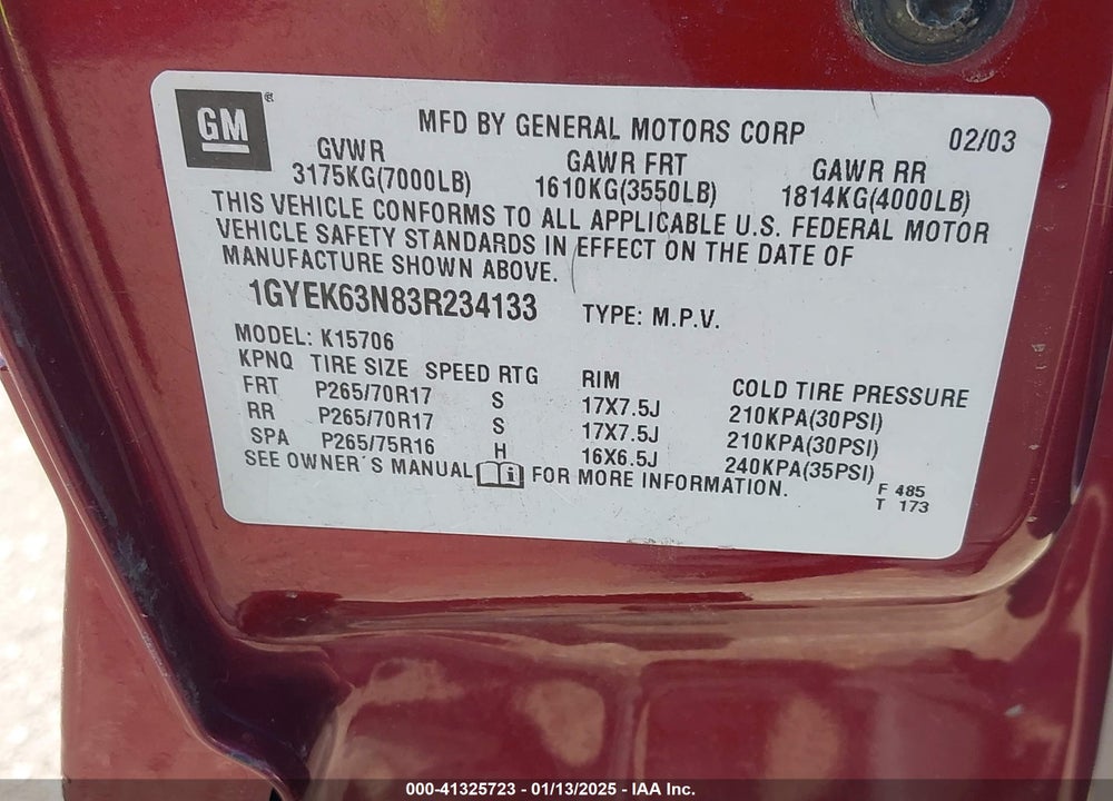 2003 CADILLAC ESCALADE STANDARD VIN: 1GYEK63N83R234133