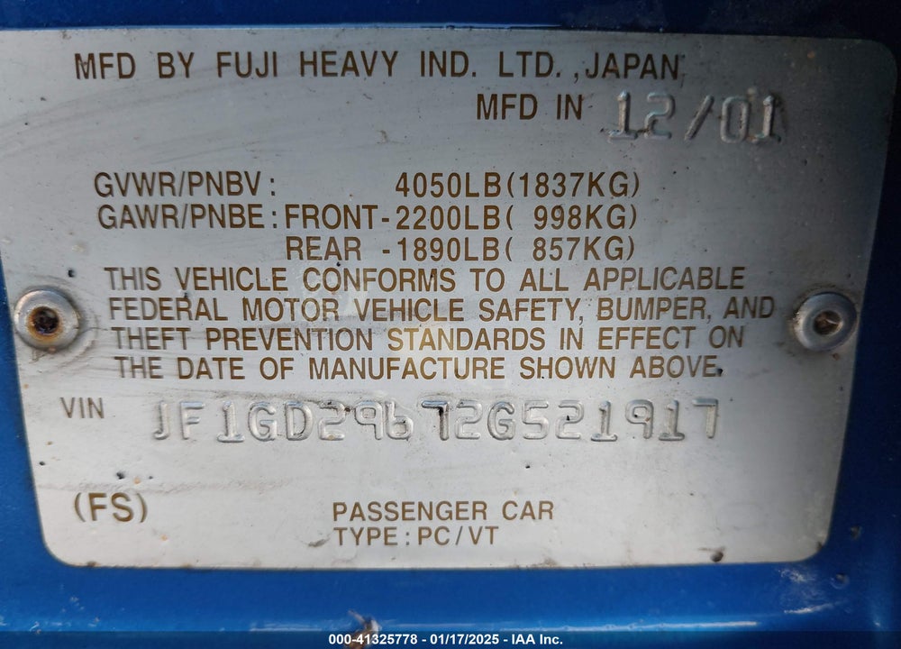 2002 SUBARU IMPREZA WRX VIN: JF1GD29672G521917