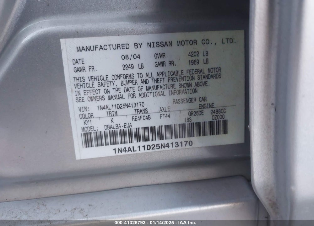 2005 NISSAN ALTIMA 2.5 S VIN: 1N4AL11D25N413170