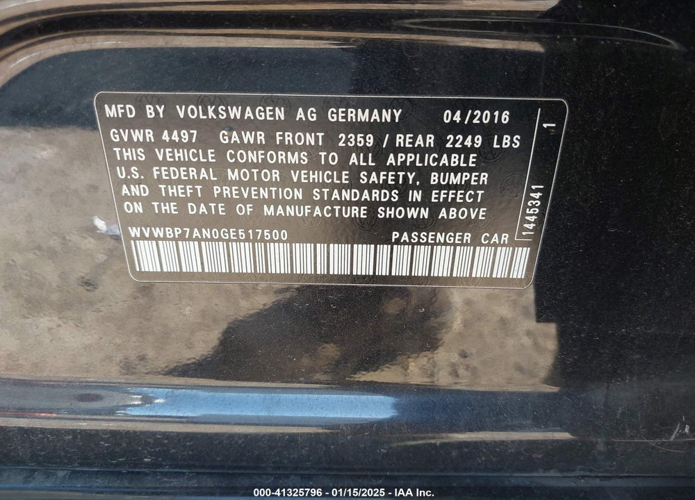 2016 VOLKSWAGEN CC VIN: WVWBP7AN0GE517500