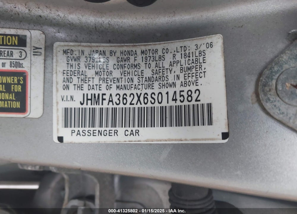 2006 HONDA CIVIC HYBRID VIN: JHMFA362X6S014582