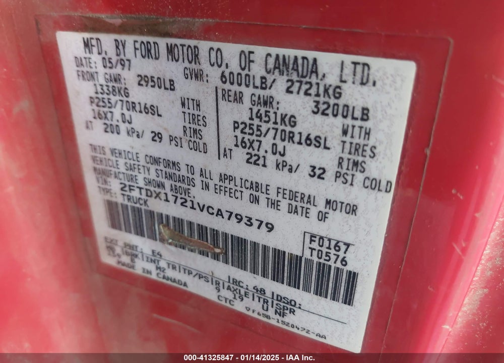 1997 FORD F-150 VIN: 2FTDX1721VCA79379