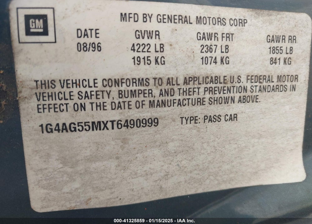 1996 BUICK CENTURY SPECIAL/CUSTOM/LIMITED VIN: 1G4AG55MXT6490999