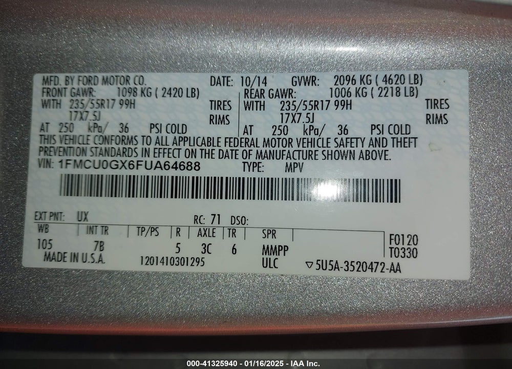 2015 FORD ESCAPE SE VIN: 1FMCU0GX6FUA64688