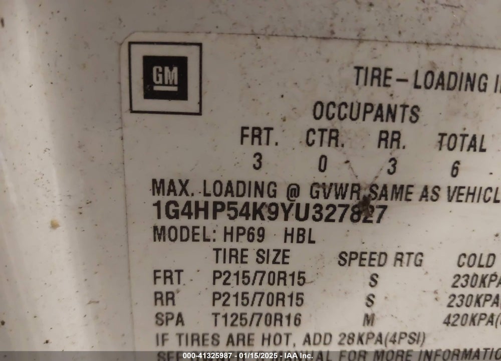 2000 BUICK LESABRE CUSTOM VIN: 1G4HP54K9YU327827