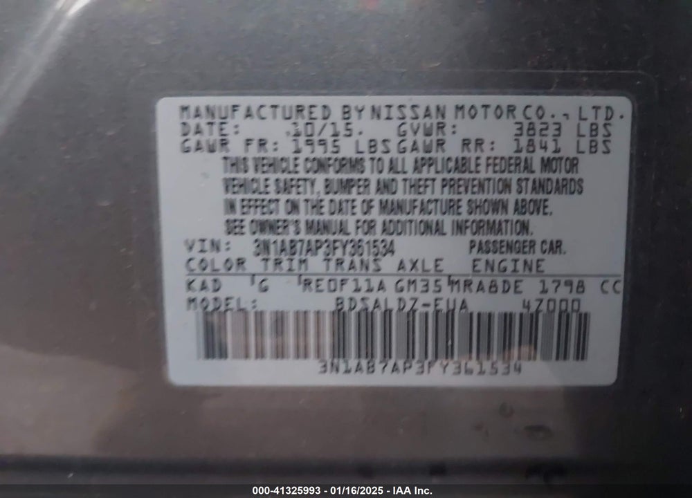 2015 NISSAN SENTRA VIN: 3N1AB7AP3FY361534