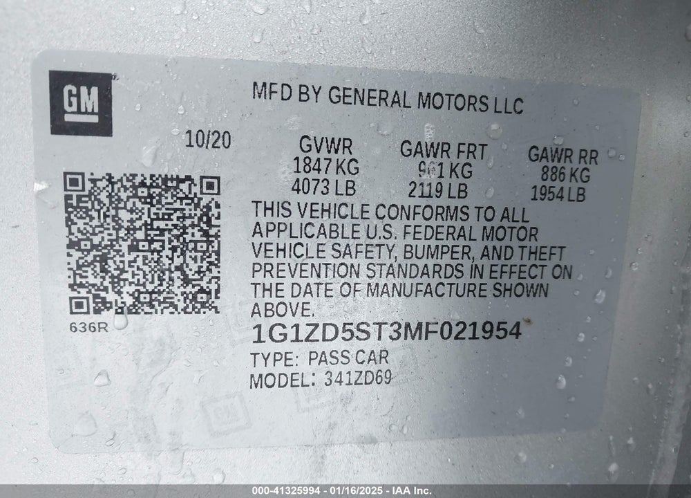 2021 CHEVROLET MALIBU VIN: 1G1ZD5ST3MF021954