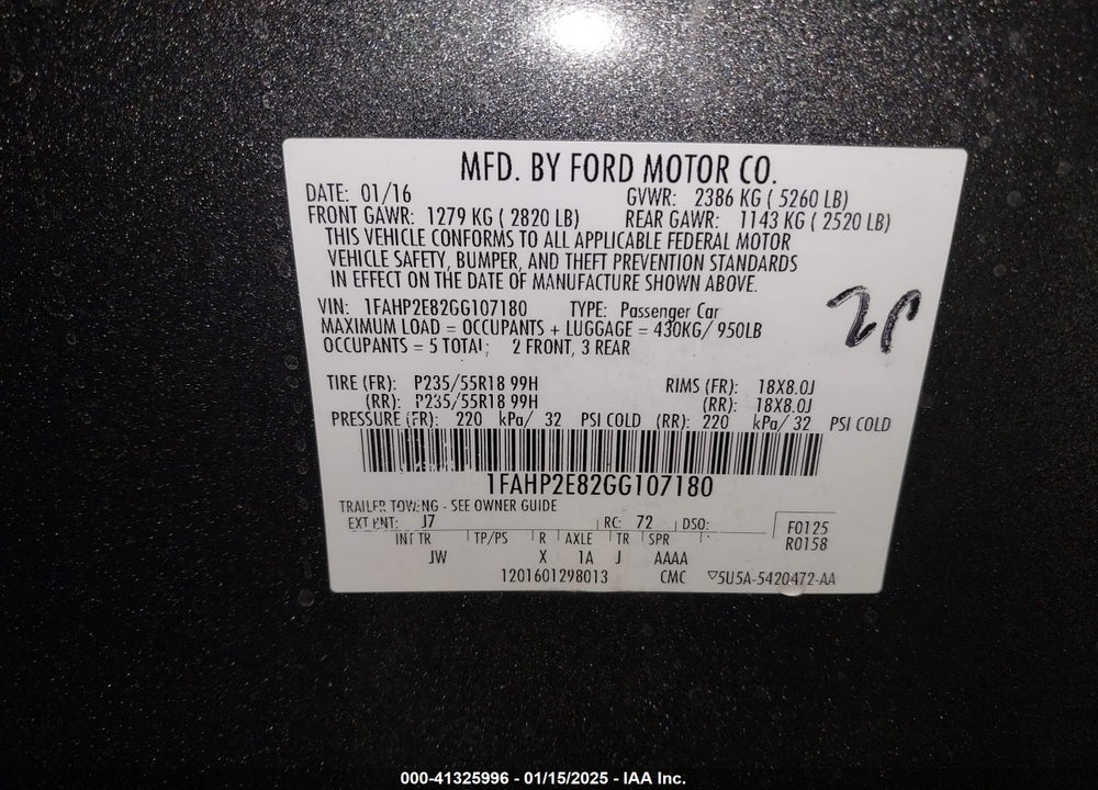 2016 FORD TAURUS SEL VIN: 1FAHP2E82GG107180