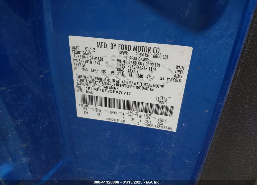 2012 FORD F-150 VIN: 1FTMF1EF2CFA70717