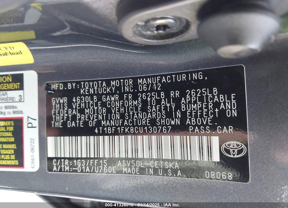 2012 TOYOTA CAMRY SE VIN: 4T1BF1FK8CU130767