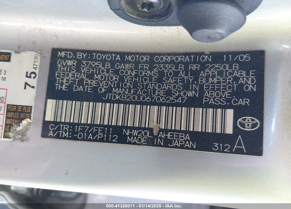 2006 TOYOTA PRIUS VIN: JTDKB20U067062547