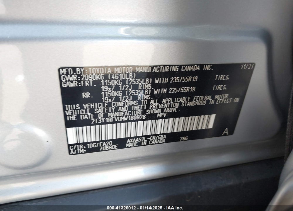 2021 TOYOTA RAV4 LIMITED VIN: 2T3Y1RFV0MW180928