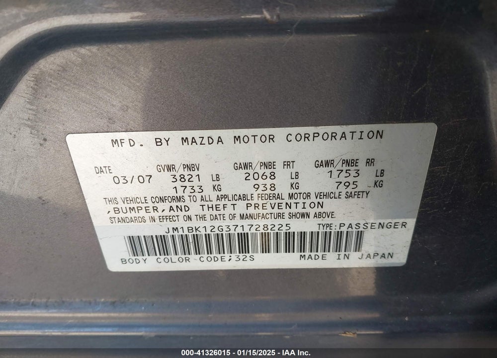 2007 MAZDA 3 I VIN: JM1BK12G371728225