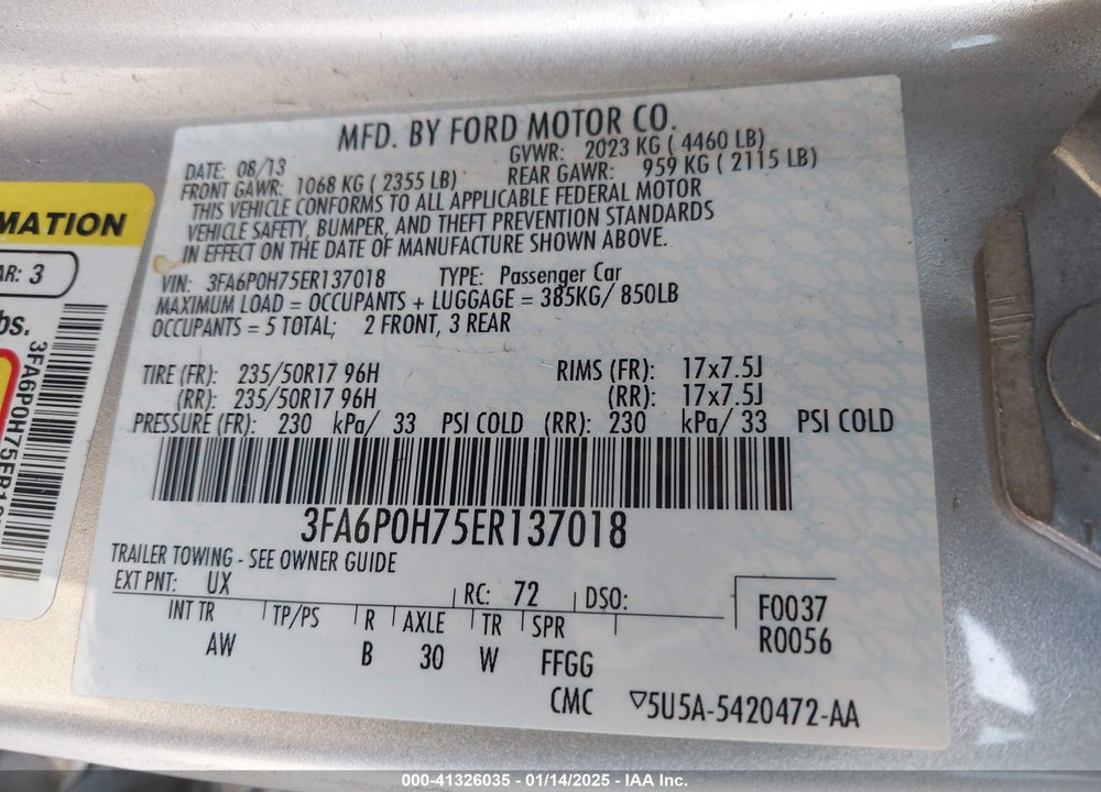 2014 FORD FUSION SE VIN: 3FA6P0H75ER137018