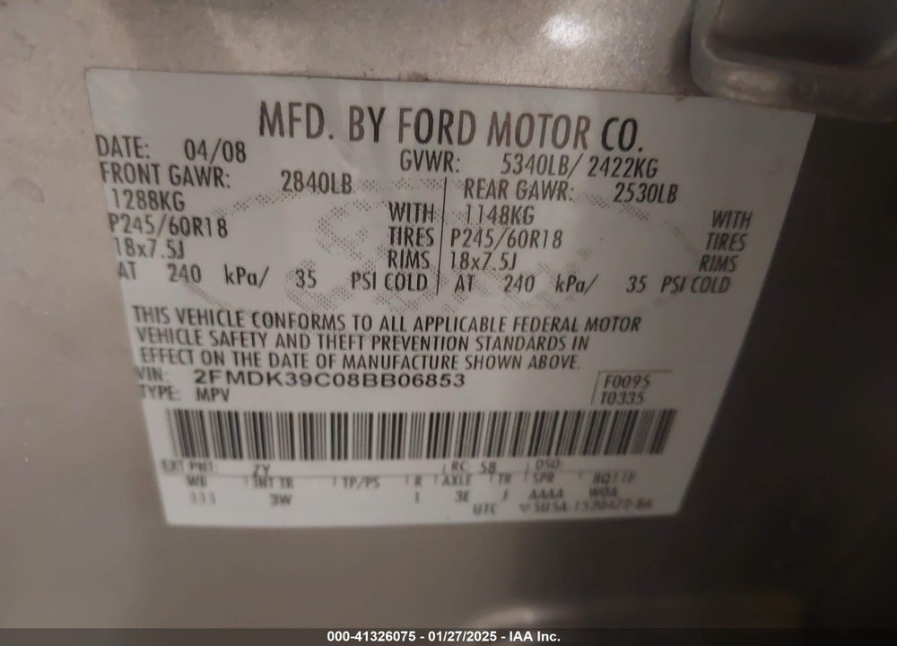 2008 FORD EDGE LIMITED VIN: 2FMDK39C08BB06853