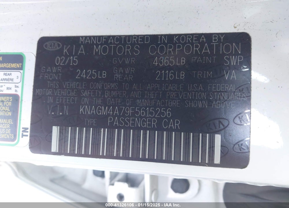 2015 KIA OPTIMA LX VIN: KNAGM4A79F5615256