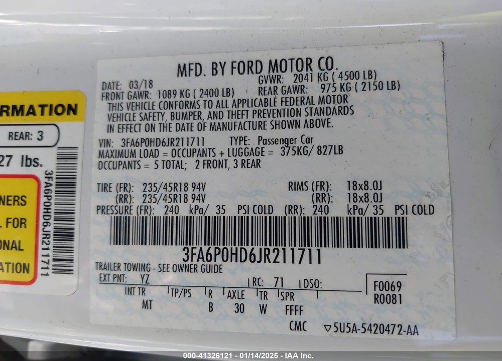 2018 FORD FUSION SE VIN: 3FA6P0HD6JR211711