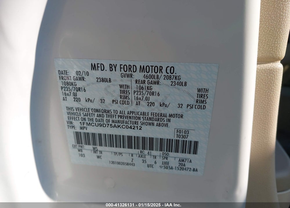 2010 FORD ESCAPE XLT VIN: 1FMCU9D75AKC04212