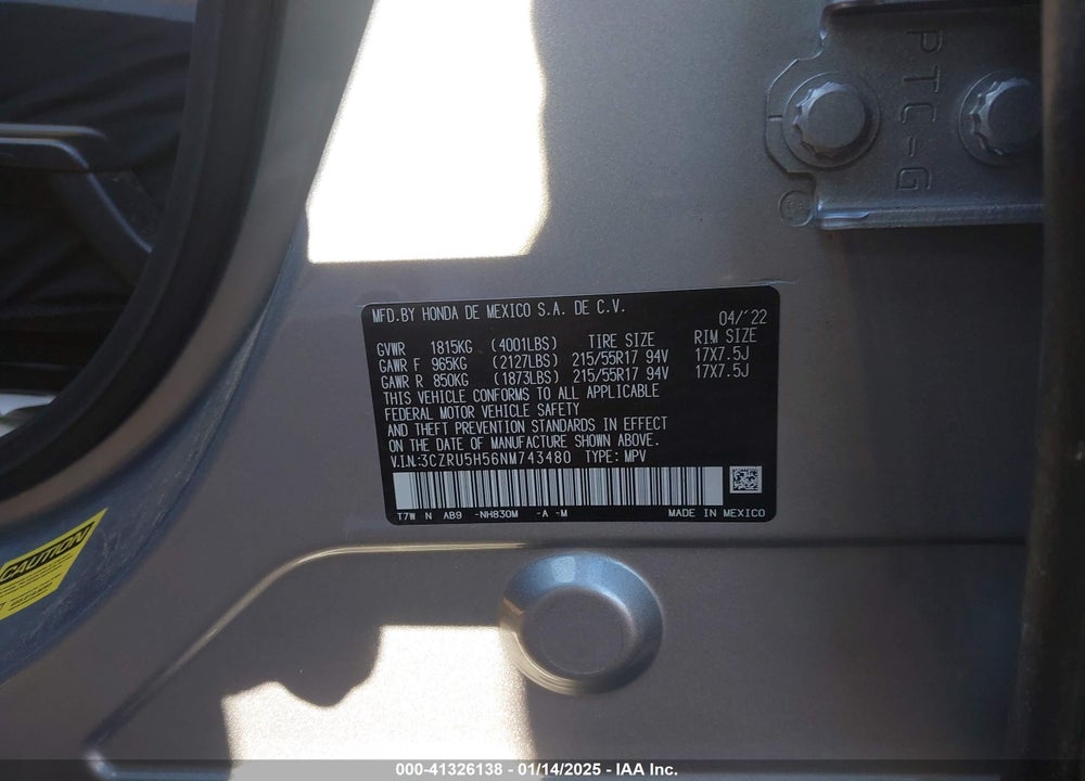 2022 HONDA HR-V 2WD EX VIN: 3CZRU5H56NM743480