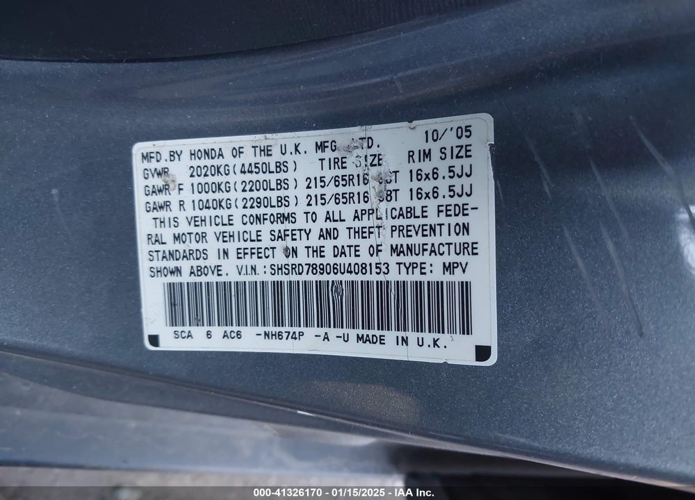 2006 HONDA CR-V SE VIN: SHSRD78906U408153