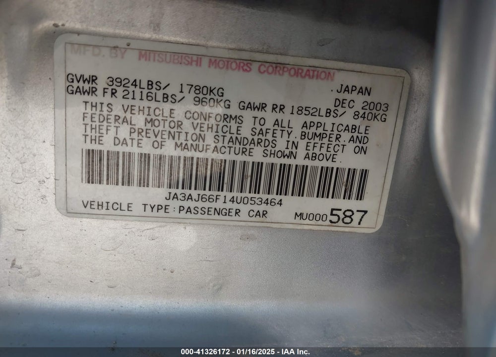 2004 MITSUBISHI LANCER RALLIART VIN: JA3AJ66F14U053464