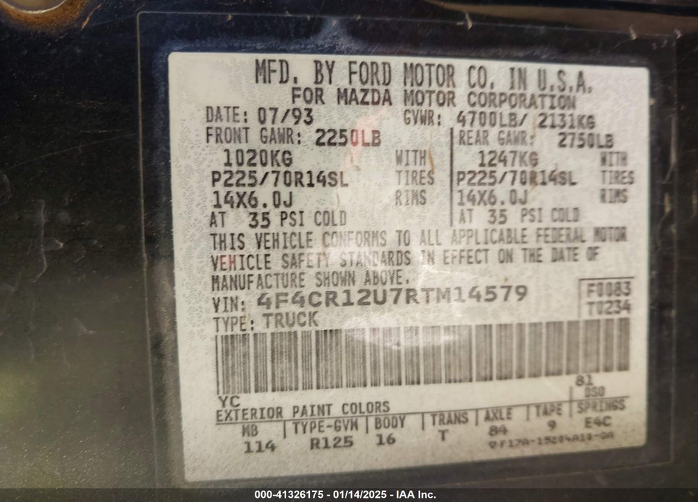 1994 MAZDA B3000 VIN: 4F4CR12U7RTM14579