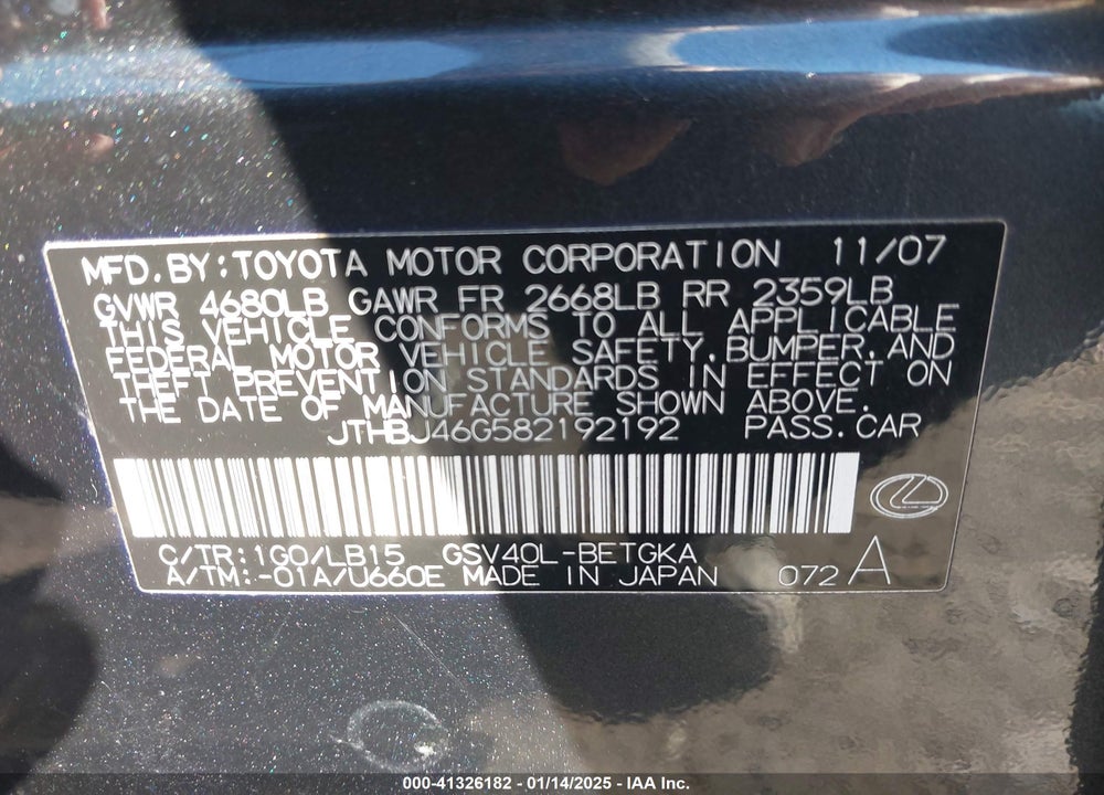 2008 LEXUS ES VIN: JTHBJ46G582192192