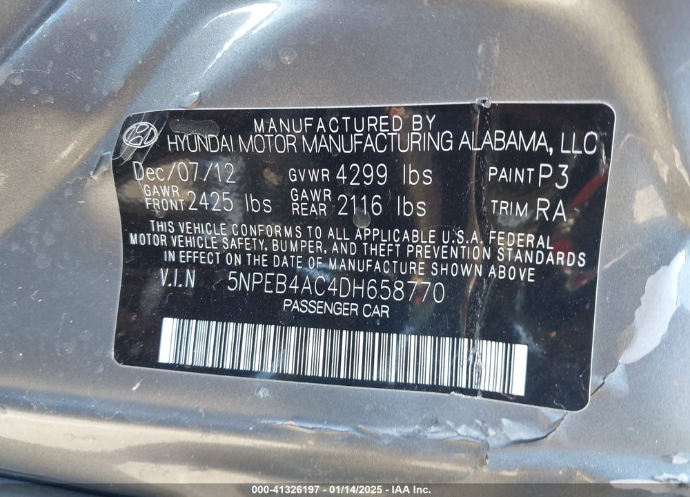 2013 HYUNDAI SONATA VIN: 5NPEB4AC4DH658770