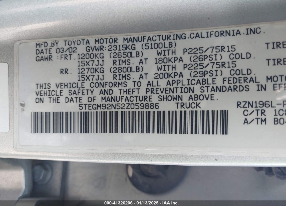 2002 TOYOTA TACOMA PRERUNNER VIN: 5TEGM92N52Z059886