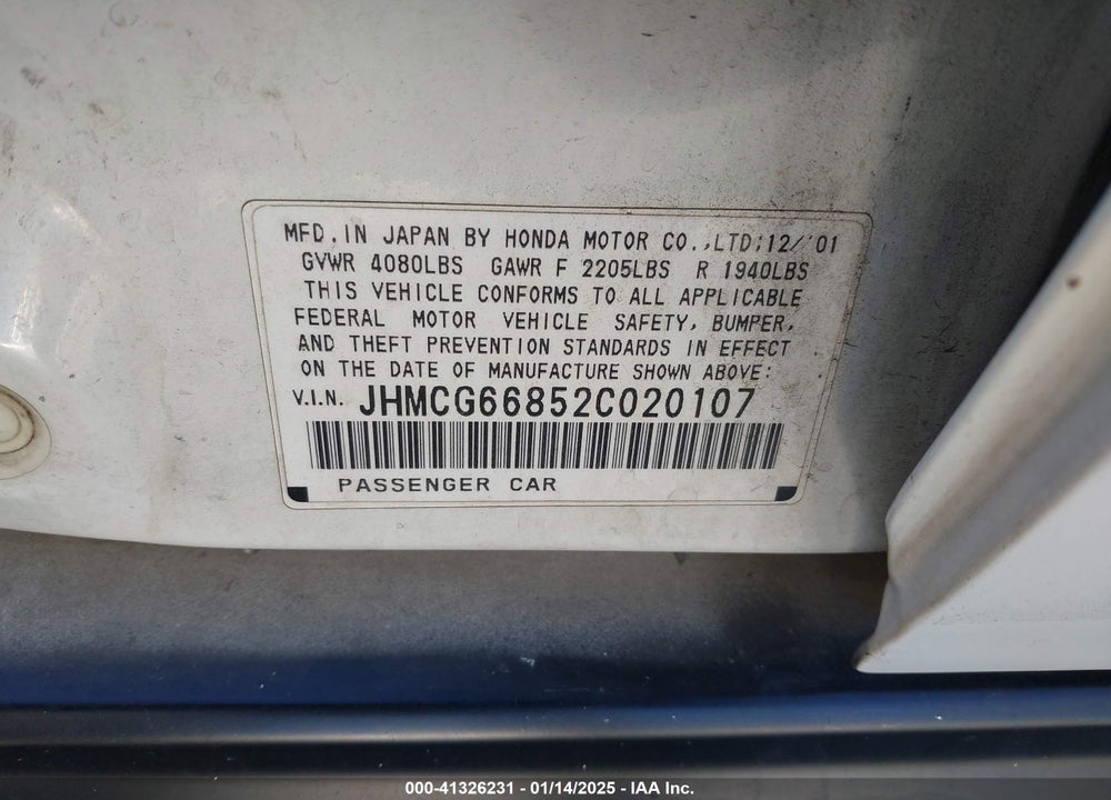 2002 HONDA ACCORD 2.3 EX/2.3 SE VIN: JHMCG66852C020107