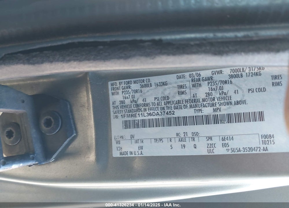 2006 FORD E-150 XL/XLT VIN: 1FMRE11L36DA37452