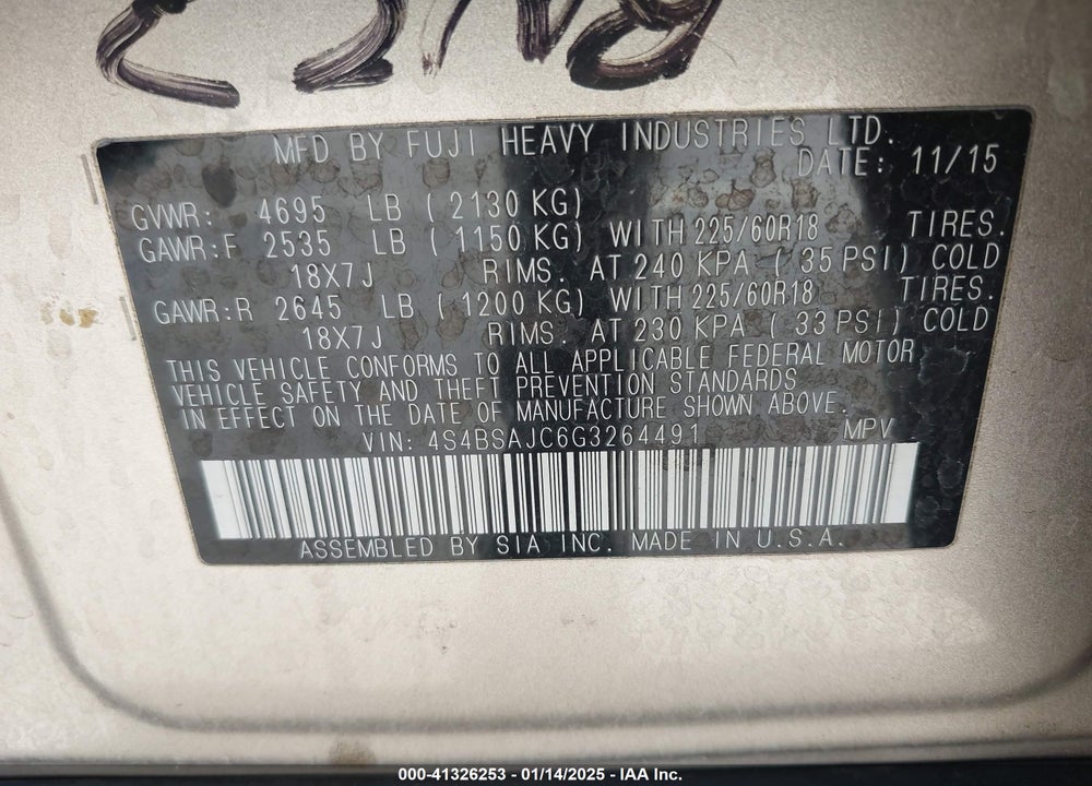 2016 SUBARU OUTBACK 2.5I LIMITED VIN: 4S4BSAJC6G3264491