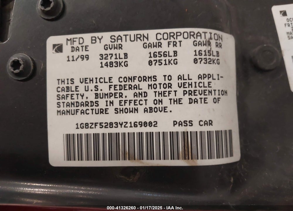 2000 SATURN SL VIN: 1G8ZF5283YZ169002
