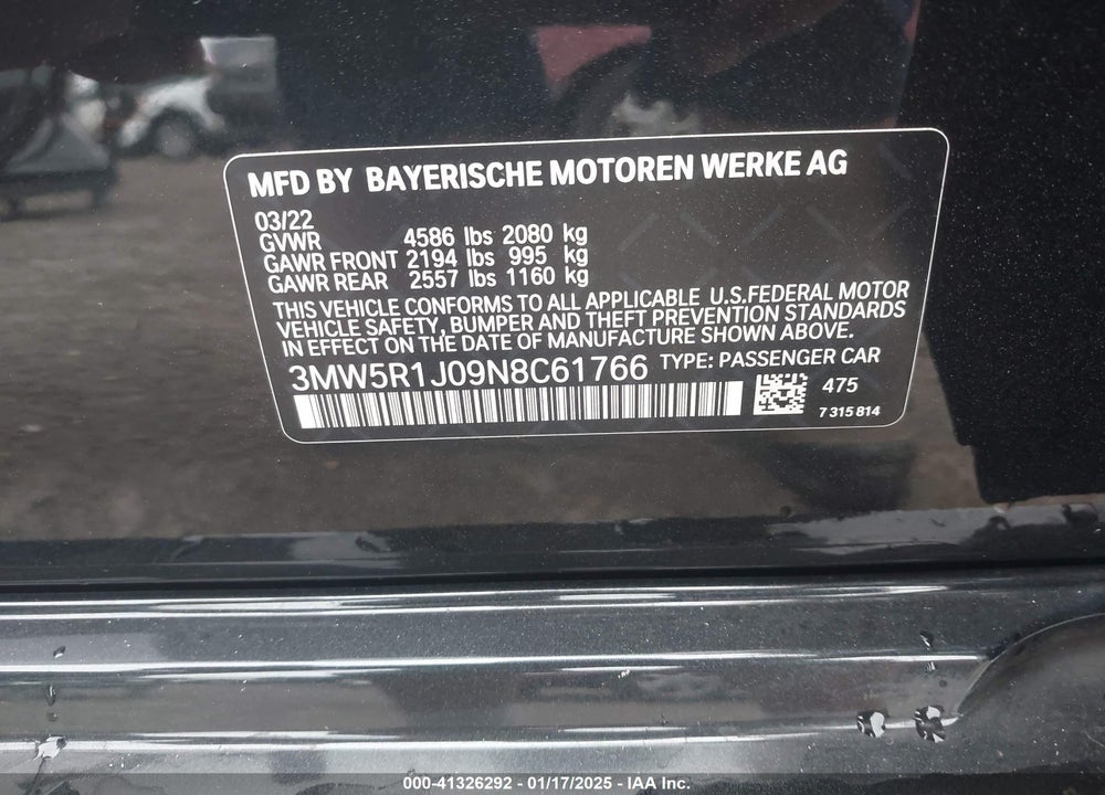 2022 BMW 330I VIN: 3MW5R1J09N8C61766