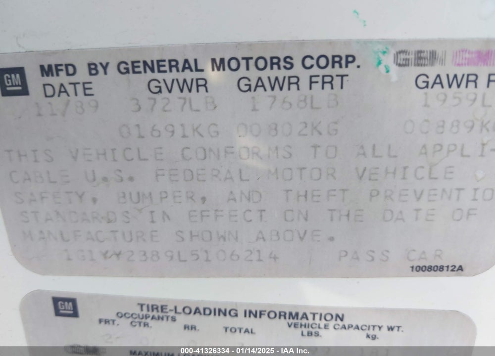 1990 CHEVROLET CORVETTE VIN: 1G1YY2389L5106214