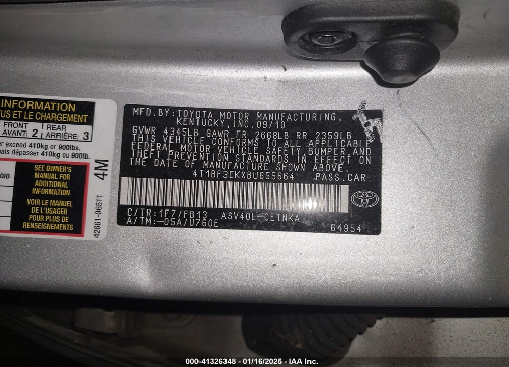 2011 TOYOTA CAMRY LE VIN: 4T1BF3EKXBU655664