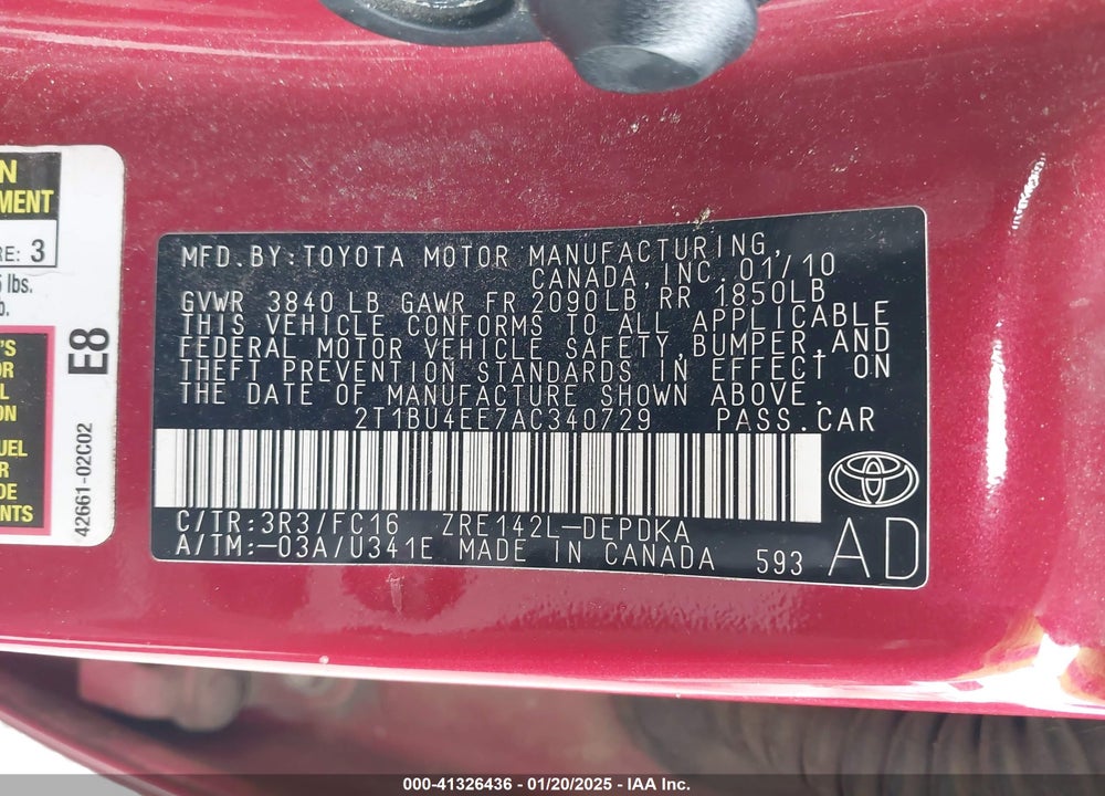 2010 TOYOTA COROLLA VIN: 2T1BU4EE7AC340729
