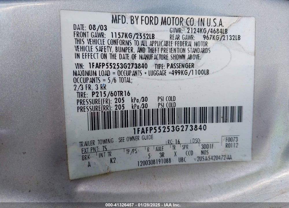 2003 FORD TAURUS SES VIN: 1FAFP55253G273840