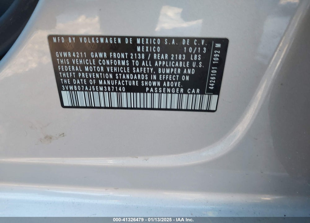 2014 VOLKSWAGEN JETTA VIN: 3VWB07AJ5EM387140
