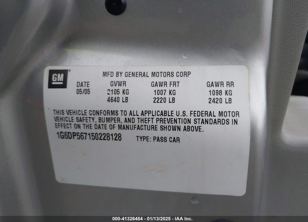 2005 CADILLAC CTS STANDARD VIN: 1G6DP567150228128