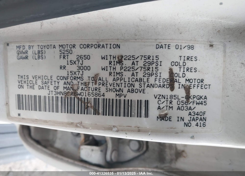 1998 TOYOTA 4RUNNER SR5 V6 VIN: JT3HN86R6W0165864