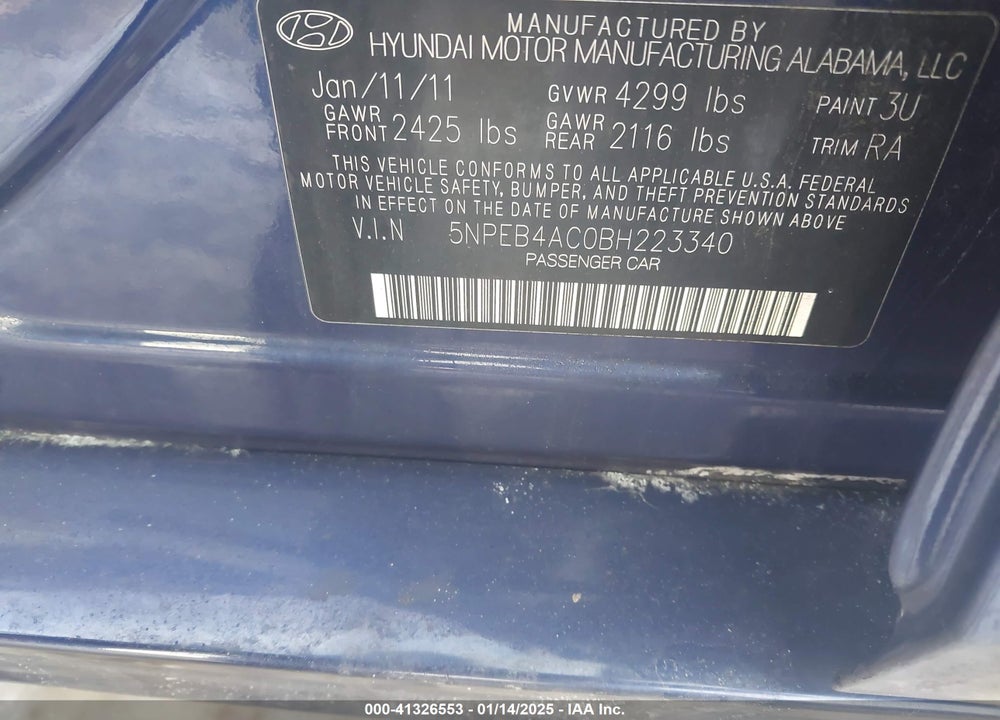 2011 HYUNDAI SONATA VIN: 5NPEB4AC0BH223340