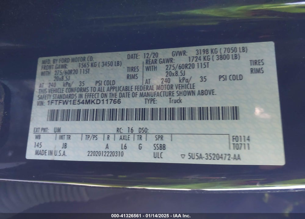 2021 FORD F150 VIN: 1FTFW1E54MKD11766
