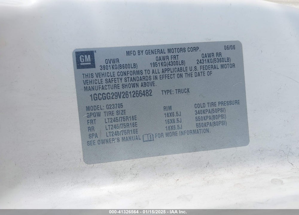 2006 CHEVROLET EXPRESS WORK VAN VIN: 1GCGG29V261266482